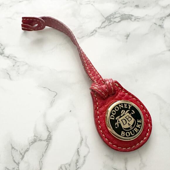 Dooney & Bourke Red Leather Black/Gold Enamel Logo Pull Through Fob Bag Charm - Picture 1 of 5